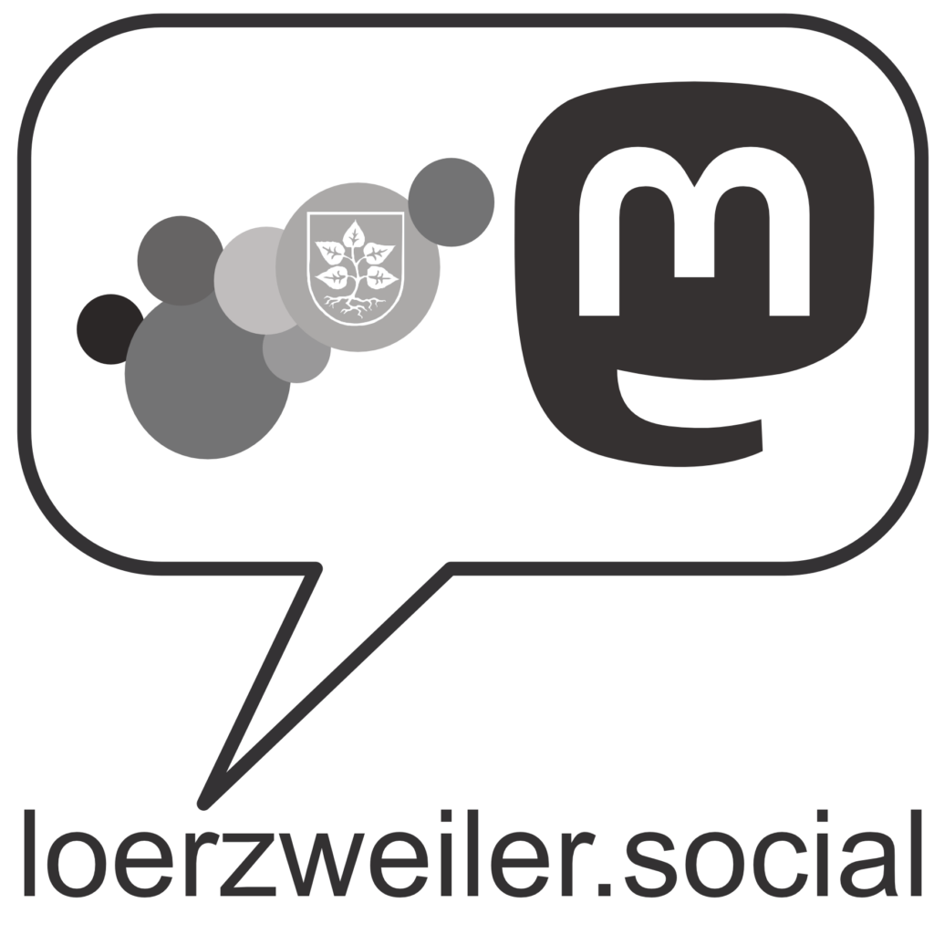 Logo: eine Sprechblase, darunter steht loerzweiler.social. In der Sprechblase die Umrisse von Lörzweiler als Kreise dargestellt und das Mastodon-Logo, ein stilisiertes Mastodon.