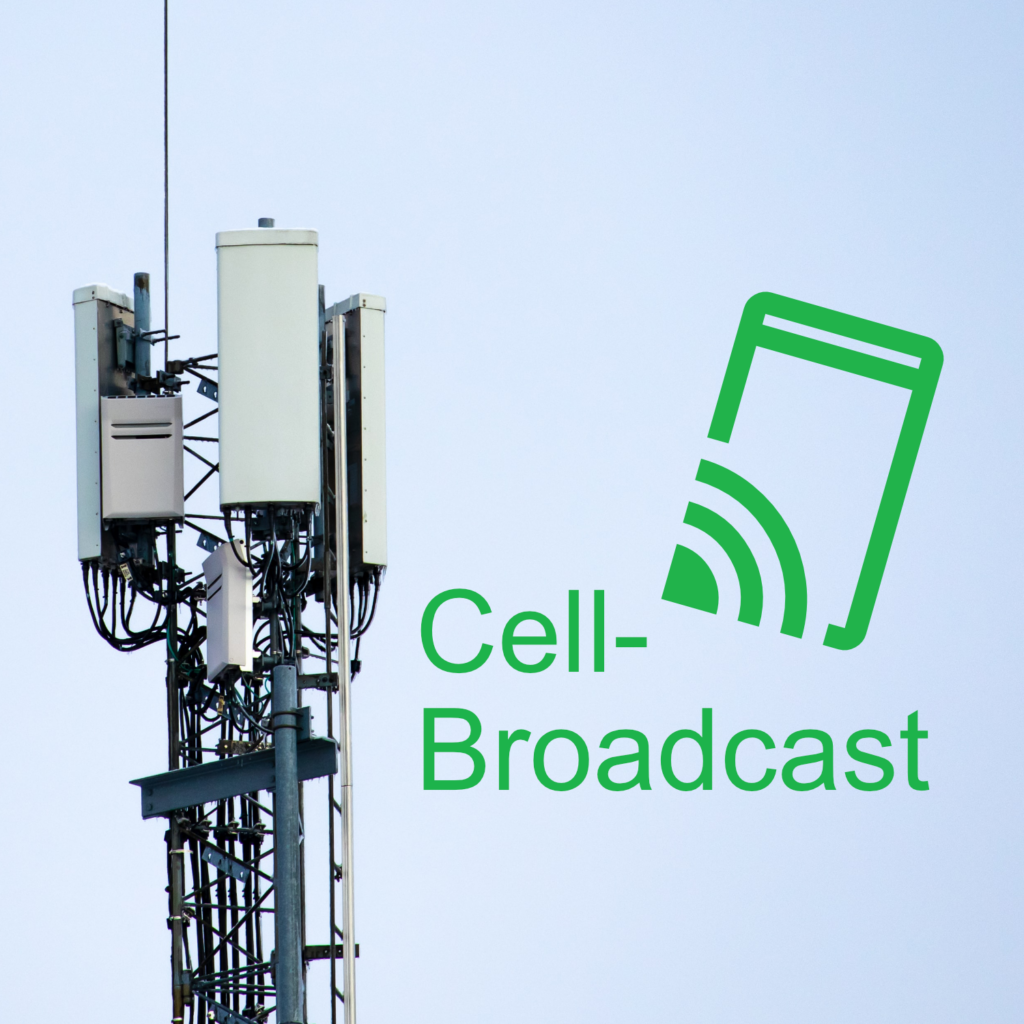 Ein Mobilfunksendemast, daneben der Schriftzug Cell-Broadcast und ein Icon dafür