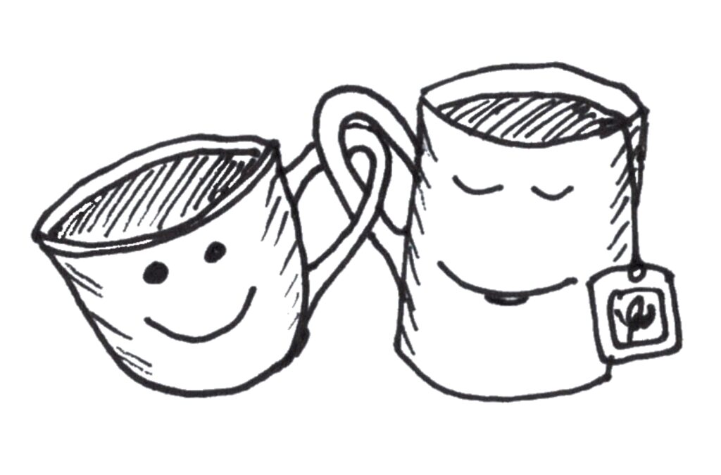 zwei gezeichnete Tassen, auf denen lächelnde Gesichter zu sehen sind, die Henkel sind verschlungen, aus der rechten Tasse hängt ein Teebeutel.