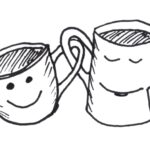 zwei gezeichnete Tassen, auf denen lächelnde Gesichter zu sehen sind, die Henkel sind verschlungen, aus der rechten Tasse hängt ein Teebeutel.