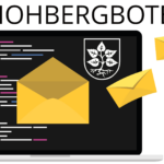 Logo des Hohbergboten, ein Laptopbildschirm, daneben ein Smartphone, darüberliegend fliegende Briefumschläge