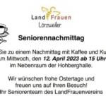 Seniorennachmittag der Landfrauen am 12.4. Bild mit Logo der Landfrauen und Kaffee und Kuchen. Weiterer Text im Artikel.