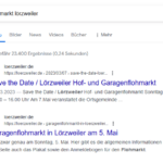 Suchergebnis von Google. In der Suchleiste wurde "Flohmarkt" Lörzweiler" eingegeben. Darunter zwei Links, einmal auf den Beitrag aus 2023 und einmal auf die Seite für 2024
