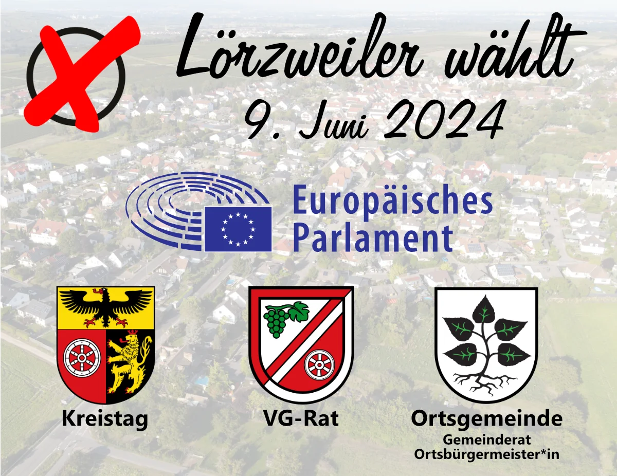 Sonderlogo zur Wahl: Eine Luftaufnahme von Lörzweiler im Hintergrund, grau überdeckt aber noch zu erkennen. Links oben ein stilisiertes handgemachtes Kreuz in einem Kreis. Daneben die Schrift Lörzweiler wählt darunter 9. Juni 2024 darunter das Logo des Europäischen Parlaments darunter die drei Wappen des Landkreises, der Verbandsgemeinde und der Ortsgemeinde, jeweils beschriftet mit dem Titel. Bei der Ortsgemeinde kommt noch kleiner hinzu Gemeinderat Ortsbürgermeister