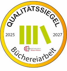 Siegel Qualitätssiegel Bücherarbeit, ein orangener Kreis, darin die Schrift mit dem Titel und die Zahlen 2025 20227, dazwischen 4 stilisierte Bücher, eines davon leicht schräg.