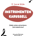 Werbeplakat der Lyra für das Instrumentenkarussell, Informationen wie im Text. Zusätzlich hier grafische Gestaltung mit Notenschlüssel und dem Logo der Lyra.