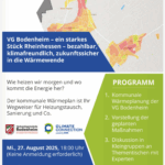 Plakat Wärmeplanung - der Textinhalt ist im Beitrag, im Hintergrund sieht man in verschiedenen Farbzonen eingeteilt die Orte Lörzweiler und Gau-Bischofsheim. Zusätzlich zum Text sind die Logos der VG Bodenheim und von ClimateConnection powered by EWR auf dem Plakat.