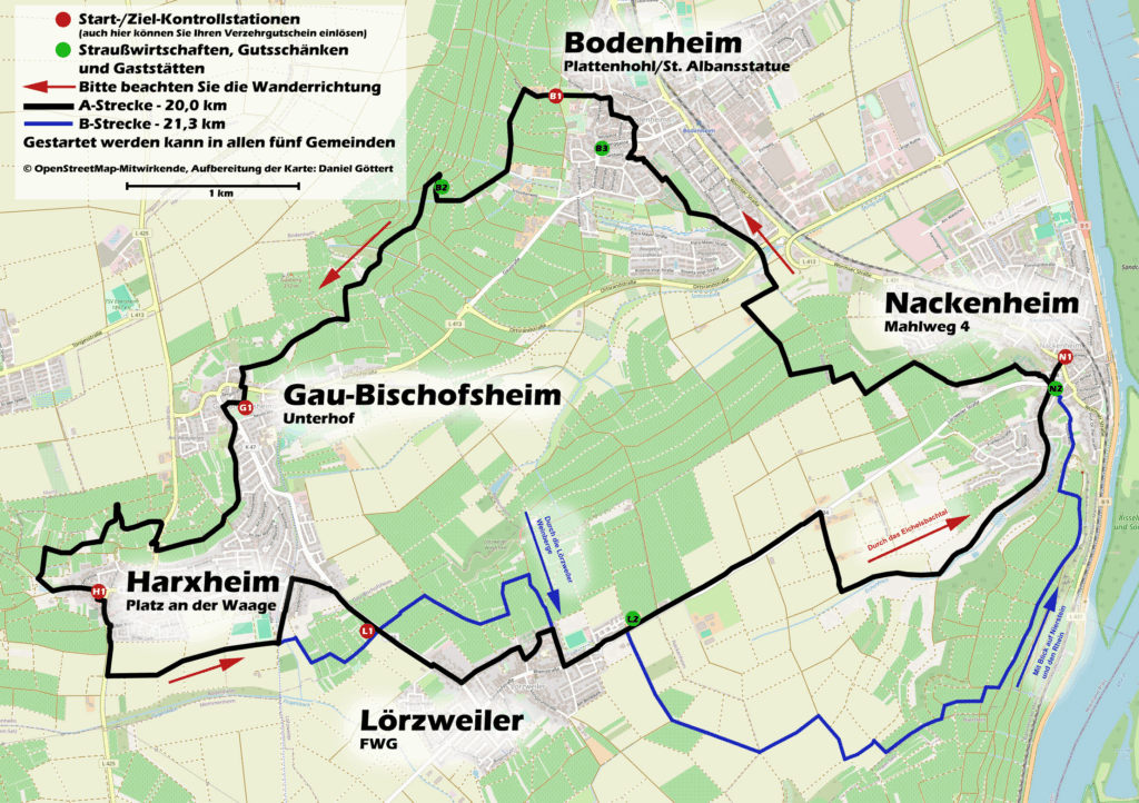 Karte der VG mit eingezeichneten Weben zum Zwibbelkuchen-Wandertag 2025
