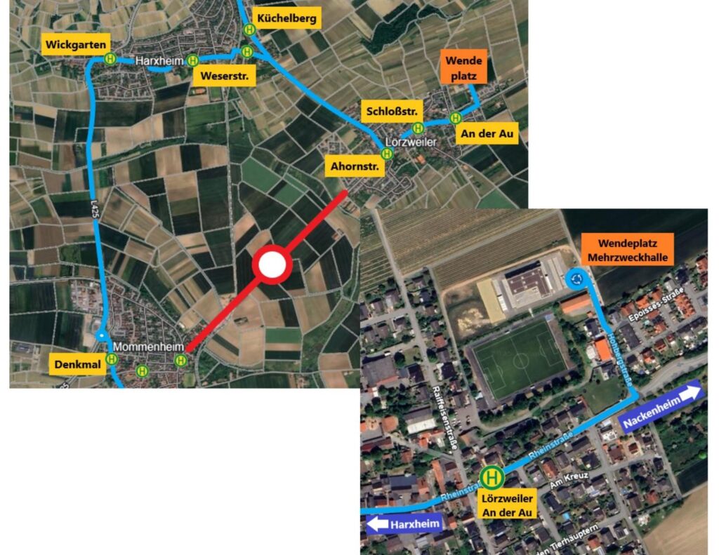 Eine Übersichtskarte Hazxheim, Mommenheim, Lörzweiler mit der eingezeichneten Sperrung der Straße zwischen Lörzweiler und Mommenheim und in blau eine Umleitung das Busses über die Haltestellen Harxheim Weserstraße, Wickgarten und Mommenheim Denkmal. Rechts unten eine kleine Übersicht, aus der der Wendeplatz an der neuen Halle (Hohbergstraße) hervorgeht.