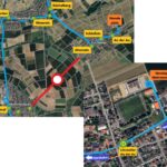 Eine Übersichtskarte Hazxheim, Mommenheim, Lörzweiler mit der eingezeichneten Sperrung der Straße zwischen Lörzweiler und Mommenheim und in blau eine Umleitung das Busses über die Haltestellen Harxheim Weserstraße, Wickgarten und Mommenheim Denkmal. Rechts unten eine kleine Übersicht, aus der der Wendeplatz an der neuen Halle (Hohbergstraße) hervorgeht.