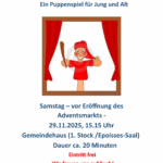 Plakat für das Puppentehater, Text wie auf der Seite, zusätzlich ist noch ei nroter Kasper an einer Hand abgebildet, der zwischen zwei roten Vorhängen steht. Unten noch das Logo der CDU