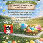 Im Hintergrund ein Bild eines Fußballplatzes, der von Bäumen eingegrenzt ist, man sieht eine Kreidelinie, auf dem Gras Gänseblümchen und Schmetterlinge sowie Ostereier, ein Körbchen mit Ostereiern und das FC-Logo mit oben angemalten Hasenohren. Text: Grosse Ostereiersuche, Samstag, 4. April 2 2026 14-16 Uhr Kommt vorbei und verbringt mit uns einen bunten Osternachmittag! leckere Kuchentheke Kinderschminken Malecke