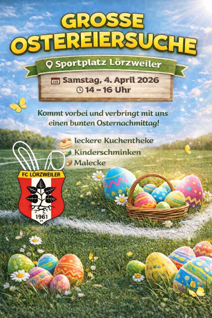 Im Hintergrund ein Bild eines Fußballplatzes, der von Bäumen eingegrenzt ist, man sieht eine Kreidelinie, auf dem Gras Gänseblümchen und Schmetterlinge sowie Ostereier, ein Körbchen mit Ostereiern und das FC-Logo mit oben angemalten Hasenohren. Text: Grosse Ostereiersuche, Samstag, 4. April 2 2026 14-16 Uhr Kommt vorbei und verbringt mit uns einen bunten Osternachmittag! leckere Kuchentheke Kinderschminken Malecke
