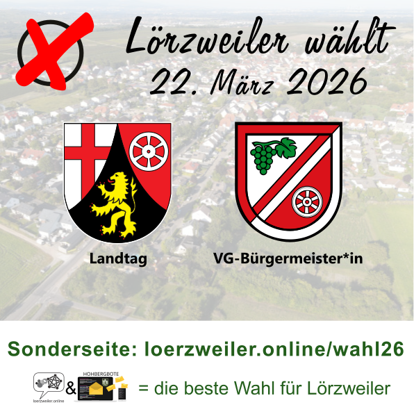 Sonderlogo zur Wahl: Eine Luftaufnahme von Lörzweiler im Hintergrund, grau überdeckt aber noch zu erkennen. Links oben ein stilisiertes handgemachtes Kreuz in einem Kreis. Daneben die Schrift Lörzweiler wählt darunter 9. Juni 2024 darunter das Logo des Europäischen Parlaments darunter die zwei Wappen des Landes und der Verbandsgemeinde, jeweils beschriftet mit Landtag bzw. VG-Bürgermeister*in. Darunter Schriftzug Sonderseite: loerzweiler.online/wahl26 darunter in klein die Logos von loerzweiler.online und dem Hohbergboten, verbunden durch ein &-Zeichen, dahinter = die beste Wahl für Lörzweiler