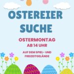 hellblauer Hintergrund, vom oberen Bildrand hängt eine Girlande, an der 5 veschieden gefärbte Ostereier befestigt sind, darunter zwei Wolken. Text: OSTEREIERSUCHE Ostermontag ab 14 Uhr auf dem Spiel- und Freizeitgelände CDU Ortsverband Lörzweiler