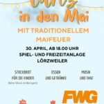 Plakat mit der Überschrift 'Tanz in den Mai' und Informationen zu einer Veranstaltung am 30. April ab 18 Uhr in der Spiel- und Freizeitanlage Lörzweiler mit traditionellem Maifeuer, Stockbrot für Kinder, Essen, Getränken, Musik und Tanz, verziert mit Blumen und Lichterkette