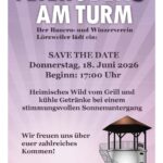 Im oberen Bereich steht in großen, farblich abgesetzten Buchstaben der Schriftzug 'FEIEROBEND AM TURM'. Darunter: Der Bauern- und Winzerverein Lörzweiler lädt ein: SAVE THE DATE Donnerstag, 18. Juni 2026 Beginn: 17:00 Uhr Heimisches Wild vom Grill und kühle Getränke bei einem stimmungsvollen Sonnenuntergang Wir freuen uns über euer zahlreiches Kommen! Am unteren Rand befindet sich eine stilisierte, farbige Illustration eines Aussichtsturms mit Geländer und Dach, der auf einer Wiese steht. Der Hintergrund ist in sanften Violett- und Rosatönen gestaltet.