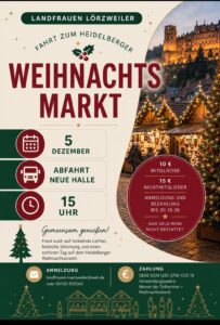 Plakat mit einer Ankündigung zu einer Fahrt zum Weihnachtsmarkt Heidelberg, einer Abbildung des Heidelberger Schlosses, einem festlich geschmückten Baum und mehreren Informationsfeldern wie im Text.